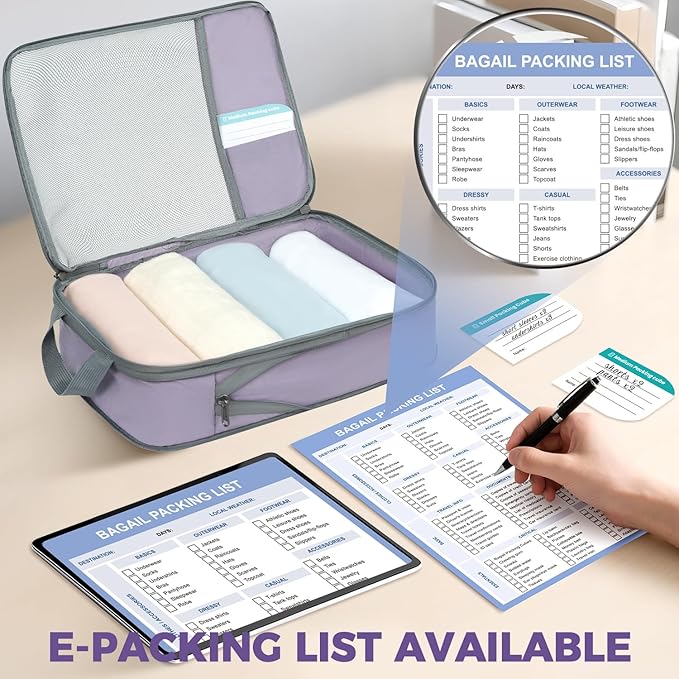 BAGAIL 6 Set Lightweight Compression Packing Cubes with Packing List, Anti-Tearing Expandable Organizer Bags for Travel, Dusty Purple