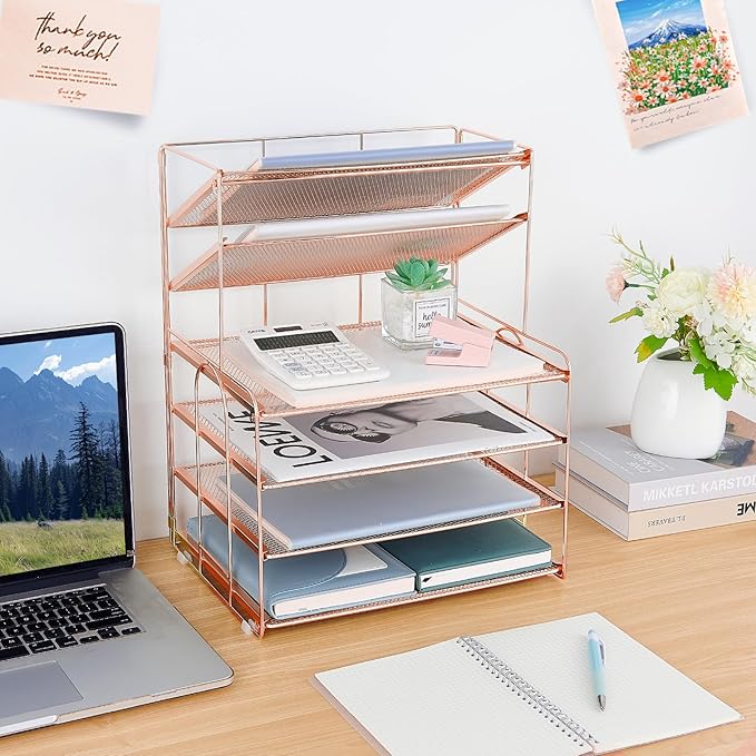 OPNICE Desk Organizers and Accessories, 6-Tier Letter Tray Paper Organizer, Desktop File Organizer, Office Desk Accessories for Office Supplies (Rose Gold)