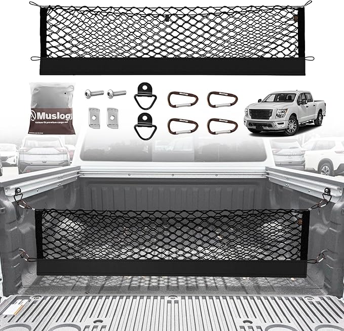 Muslogy Truck Bed Cargo Net Trunk Netting Compatible with Nissan Titan 2017-2025 Accessories, Pickup Cargo Organizer SUV Sedan Storage Net w/Heavy Duty Carabiners