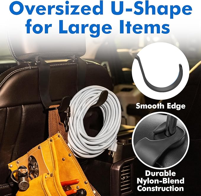 Travel Depot XL Hard Hat Holder for Truck, Heavy-Duty Headrest Hooks, Seat Back Organizer for Hard Hats, Bags & Gear, Universal Truck & Car Headrest Organizer, 2-Pack