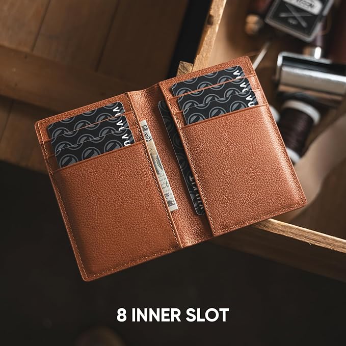 VULKIT Bifold Front Pocket Slim Wallet RFID Blocking Minimalist Thin Genuine Leather Credit Card Holder Wallet for Men and Women Litchi Brown