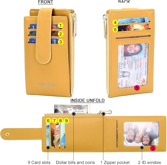 Badiya Slim Women Wallet RFID Blocking Bifold Compact 9 Card Slots Holder Wallets Soft Leather with Zipper Coin Pocket 2 ID Window
