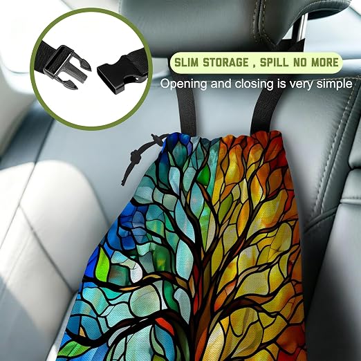 Car Trash Bag Colorful Stained Glass Tree Hanging Canvas Car Trash Bag Waterproof Drawstring Car Back Seat Organizer for Car Back Front Seat Console with Adjustable Buckle
