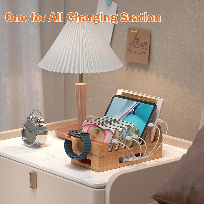 Pezin & Hulin Bamboo Charging Station Organizer for Multiple Devices & Wood Desktop Docking Charging Stand Such As Cell Phone, Tablets, Phone Case and Watch Stand(No USB Charger)