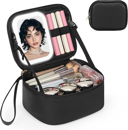 Relavel Small Makeup Bag with Led Mirror, Travel Cosmetic Case with 3 Light Modes and Adjustable Brightness, Foldable Makeup Pouch with Toiletries for Daily Use丨Work Touch-Ups丨Camping - Black