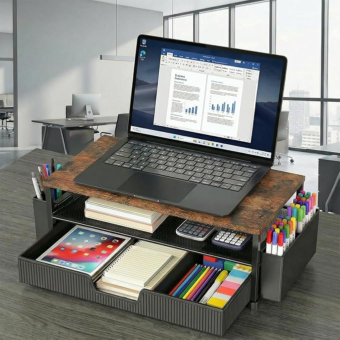 ECOLOVI Desk Organizer and Accessories, 2-Tier Computer Monitor Stand Rise with Storage Drawer & 2 Pen Holders, Laptop & Printer Stand for Desktop, Workspace Organizers for Office Supplies (Brown)