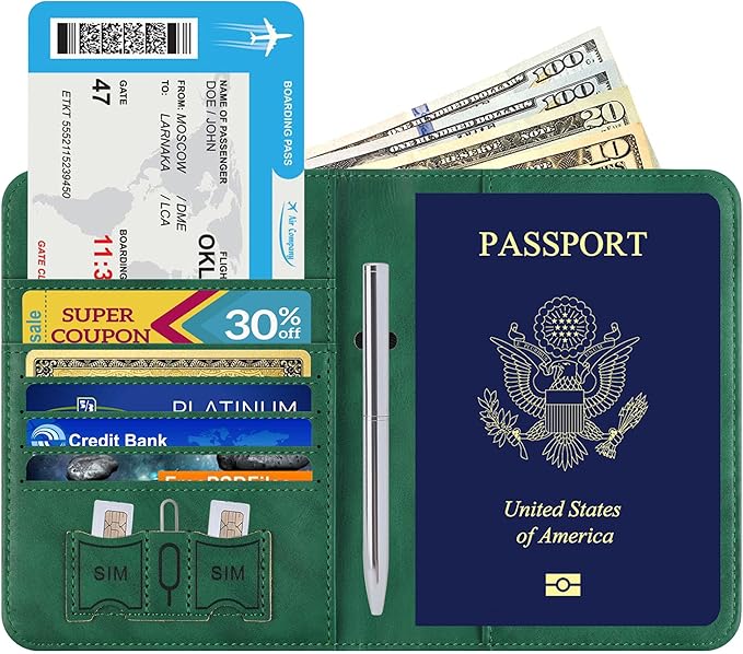 Passport Holder for Travel Essentials Wallet Rfid Blocking Cover Leather Case Vacation Travel Accessories for Women Men (602#Green)