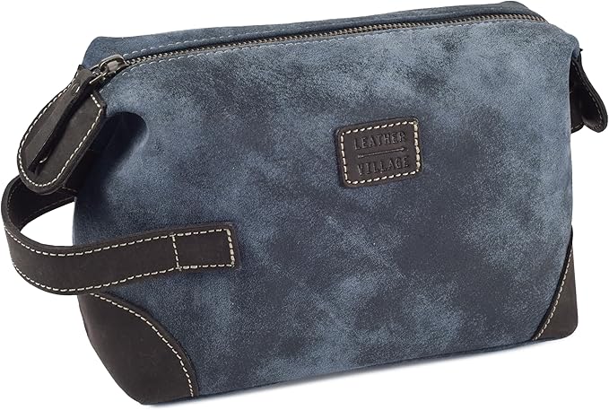 LEATHER VILLAGE Genuine Leather Dopp Kit for Men & Women – Travel Vintage Toiletry Bag with Waterproof Lining, Shaving & Bathroom Essentials Organizer - Distressed Blue