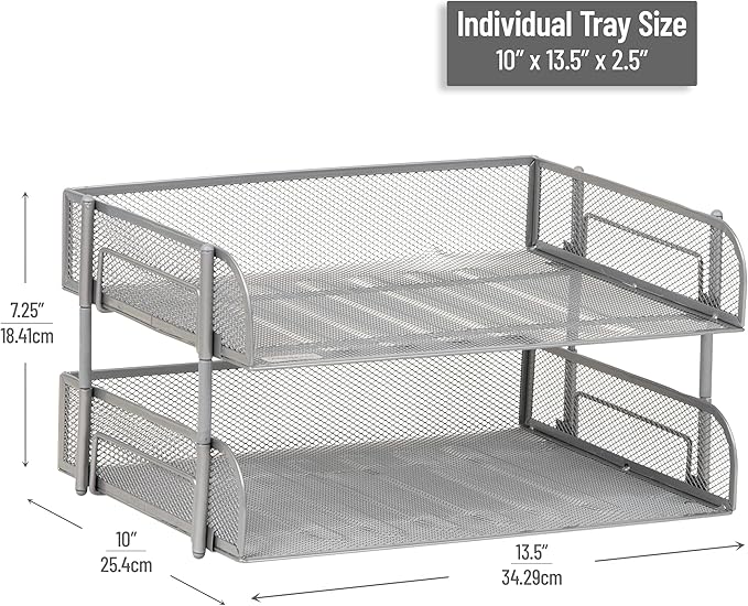 Mind Reader 2-Tier Stackable Paper Tray, Desktop Organizer for Letter-Size Documents, Office File Storage, Metal Mesh, Set of 2, Silver
