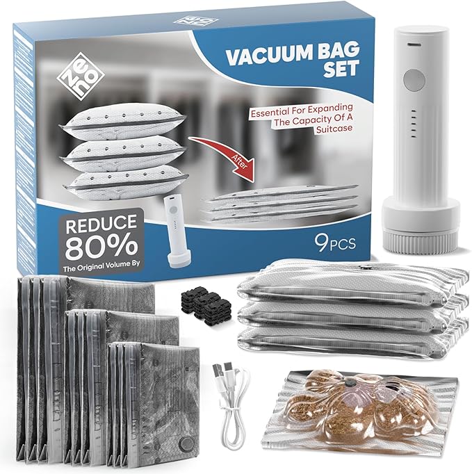 9-Pcs Travel Vacuum Bags with Electric Pump - Vacuum Storage Bags for travel - Space Saver for Clothes - Packing Cubes for Luggage & Suitcases - With Portable Cordless Pump