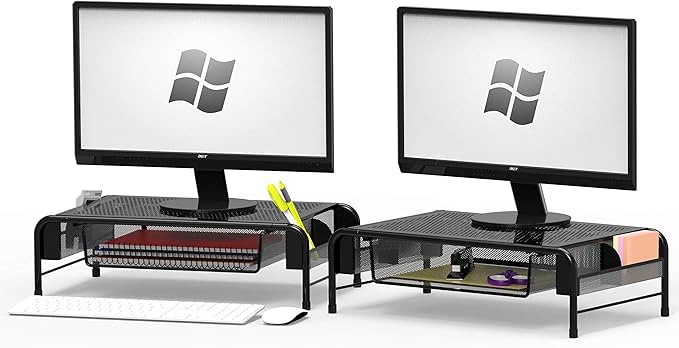 Simple Houseware Metal Desk Monitor Stand Riser with Organizer Drawer, Black, 2 Packs