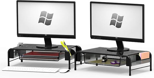 Simple Houseware Metal Desk Monitor Stand Riser with Organizer Drawer, Black, 2 Packs