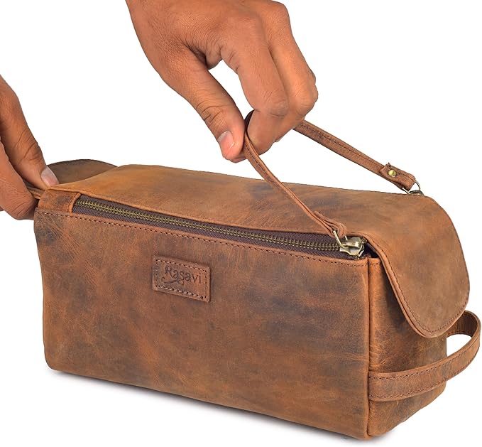 Rasavi Genuine Leather Travel Toiletry Bag for Men & Women, Handcrafted Vintage Dopp Kit, Water-Resistant Shaving & Bathroom Essentials Organizer - Distressed Brown