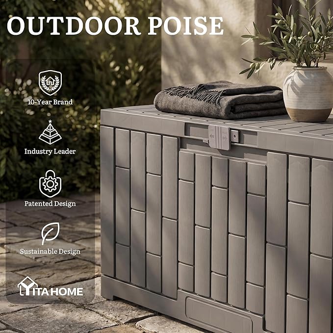 YITAHOME 60 Gallon Outdoor Storage Box, Waterproof Resin Deck Box with Slide-Locking Lid, Patio Storage Bin and Bench Seat for Patio Furniture, Garden Tools and Pool Accessories, Light Brown