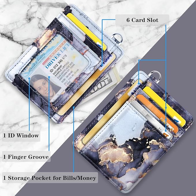 Coco Rossi Slim Front Pocket Wallet RFID ID Card Holder Cute Small Wallet with Wrist Lanyards Key Chain Holder for Women,Grey Marble