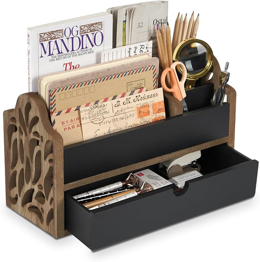 Desk Organizer with Drawer Wood File Office Mail Organizer Countertop-5 Slot Tabletop Storage Pen Organizer Letter Holder for School Home Office Supplies