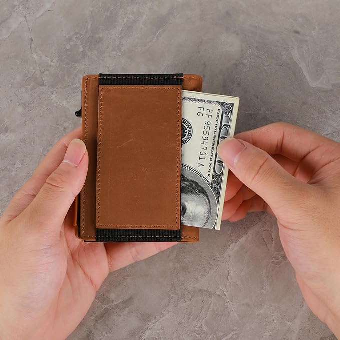 Minimalist Pop Up Wallet for Men | RFID Blocking Credit Card Holder Wallet with Money Clip | Mens Wallet Slim Bifold Front Pocket Metal Case with Gift Box (Genuine Full Grain Soft Leather)