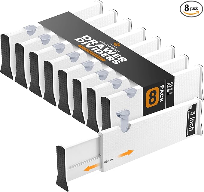RAPTUROUS Deep Drawer Dividers 8 Pack, 5 Inch Tall, 13-22 Inch Long Expandable, Adjustable Drawer Organizer for Clothing, Dresser, Kitchen, Strong Hold, Soft Foam Edges, White