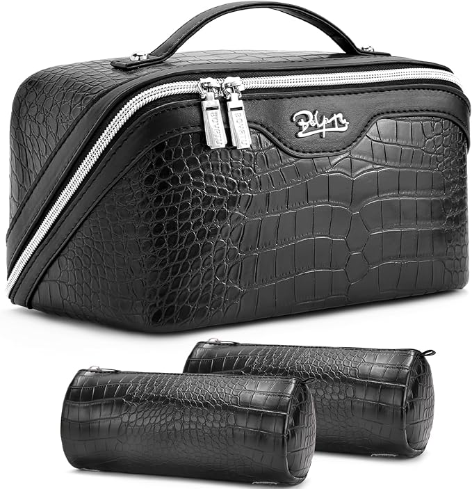 BOYATU Travel Makeup Bag Cosmetic Bags for Women: 3 Pcs Set Large Capacity Make up Bag with Handle - Crocodile Pattern Vegan Leather Toiletry Bags Travel Essentials with Compartments(E-1-Black)