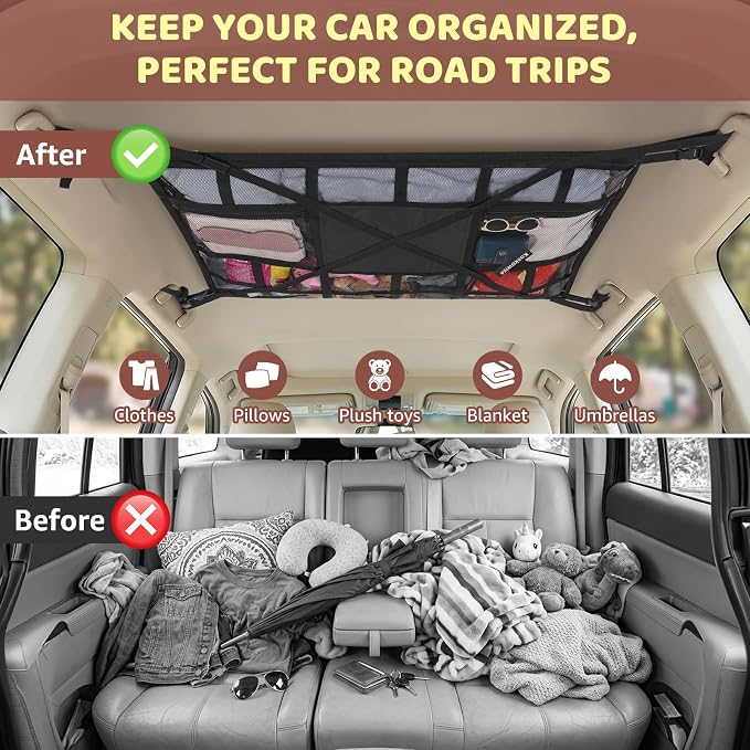 Extra Large Car Ceiling Cargo Net 43.3×27.5 Inch for SUV Minivan Truck Van,Roof Storage Organizer, Overhead Mesh Cargo Holder,Fits Most 4 Handle Vehicles for Road Trip Camping Travel