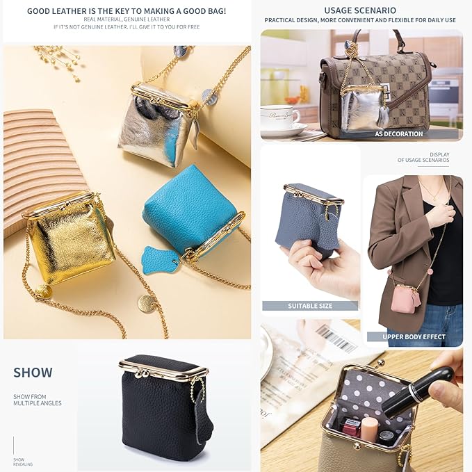 Litchi Leather Coin Purse for Women, Portable Vintage Wallet Mini Lipstick Holder Fashion Solid Color Kiss Lock Key Storage Square Pouch (Orange)