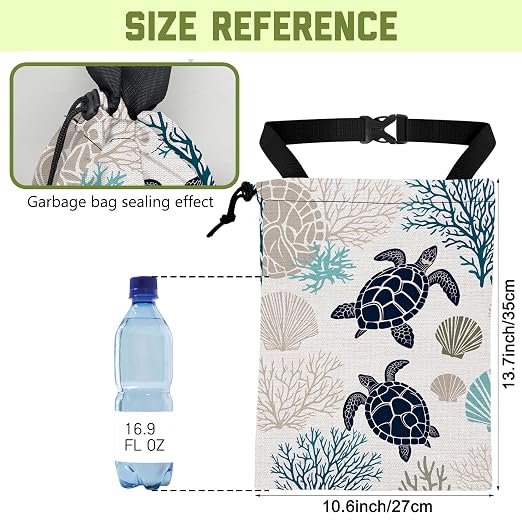 Car Garbage Bag Ocean Turtle Coral Shells Hanging Canvas Car Trash Bag Waterproof Drawstring Car Back Seat Organizer for Car Back Front Seat Console with Adjustable Buckle