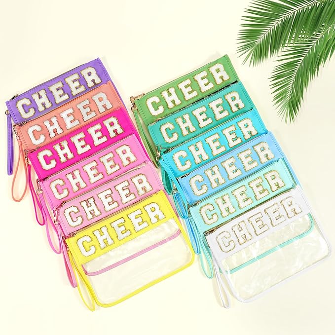 Abbylike 12 Pcs Snack Bags Clear Chenille Letter Cheer Zipper Pouch Waterproof PVC Large Travel Makeup Cosmetic Storage Organizer Bag for Mom Team Cheerleaders Teacher (Multicolor)