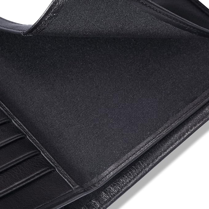 HISCOW Leather Passport Holder for Travel, Bifold Wallet, Black | Full grain cowhide, RFID blocking, 7 card slots, cash compartment, frosted ID window, travel essentials, premium gift box