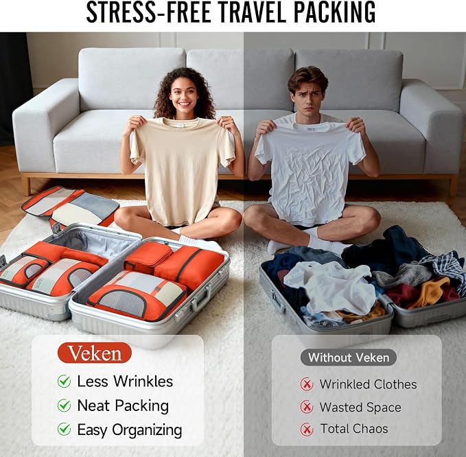 Veken 8 Set Packing Cubes for Travel Essentials, Suitcase Organizer Bags in 4 Sizes, Carry-On Luggage Accessories with Laundry Bag, Airplane Must Have, Gifts for Women Men