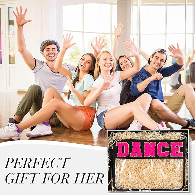 Abbylike 12 Pcs Snack Bags Chenille Letter Dance Zipper Pouch Waterproof PVC Large Travel Makeup Cosmetic Storage Organizer for Mom Team Cheerleaders Teacher (Black)