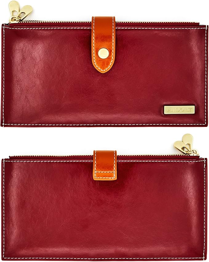 ANDOILT Women's Genuine Leather Wallet RFID Blocking Credit Card Holder Zipper Purse Cell Phone Handbag