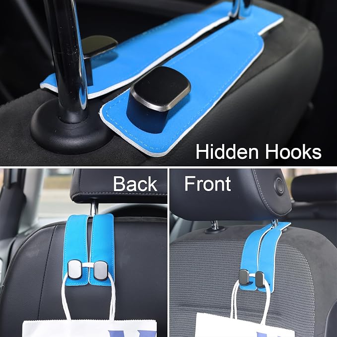 Car Seat Hooks for Headrest, Car Purse Hook & Back Storage Hook, Zinc Alloy & Suede Material Heavy Duty Car Hooks for Purses and Bags,Universal Fit for Most Vehicles (Blue-2 Pack)