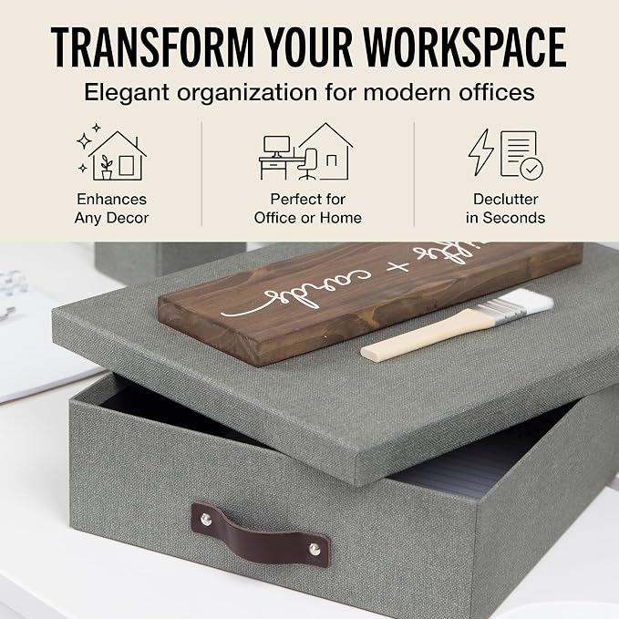Bigso Oskar Canvas Fiberboard Document Letter Box - File Organizer Box for Important Paperwork - Document Storage with a Lid & Leather Handle - 3.3 in x 10.2 in x 13.8 in - Gray