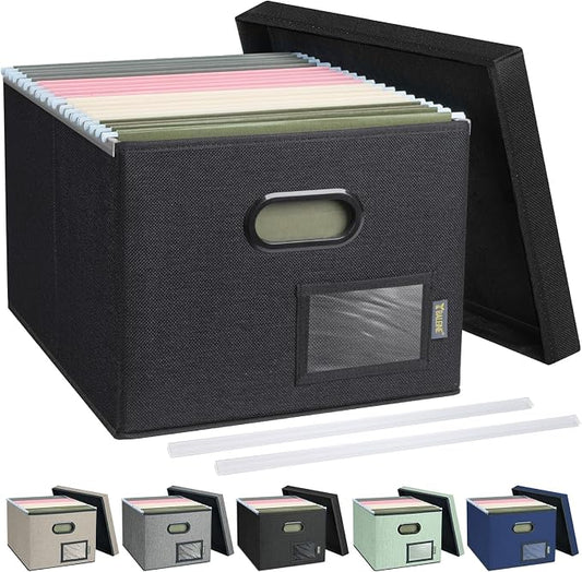 BALEINE File Organizer Box with Lid, Collapsible File Folder Organizer with Plastic Slide, Filing Box for Office Home Document Organizer Storage (Black, 1PK)