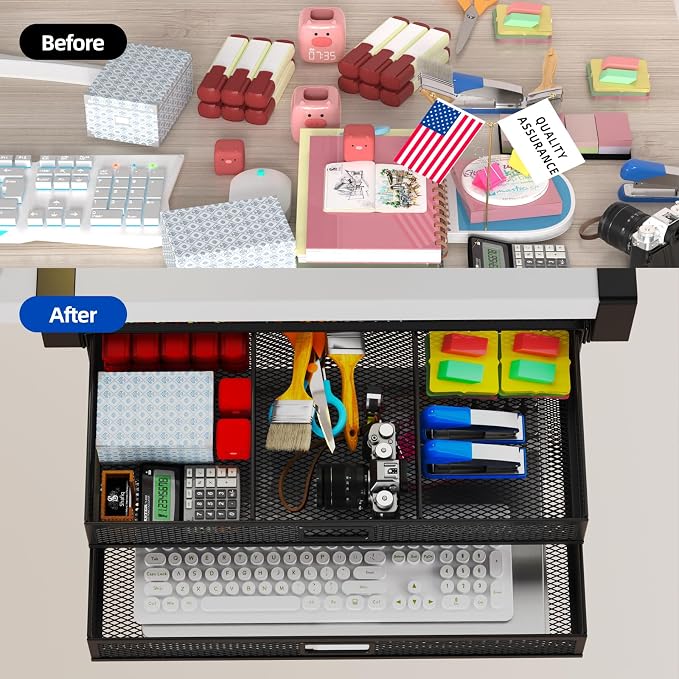 Under Desk Drawer Organizer No Drilling Under Desk Storage Drawer Organizer Metal Under Desk Slide Out Drawer Suitable for Home and Office(Large)