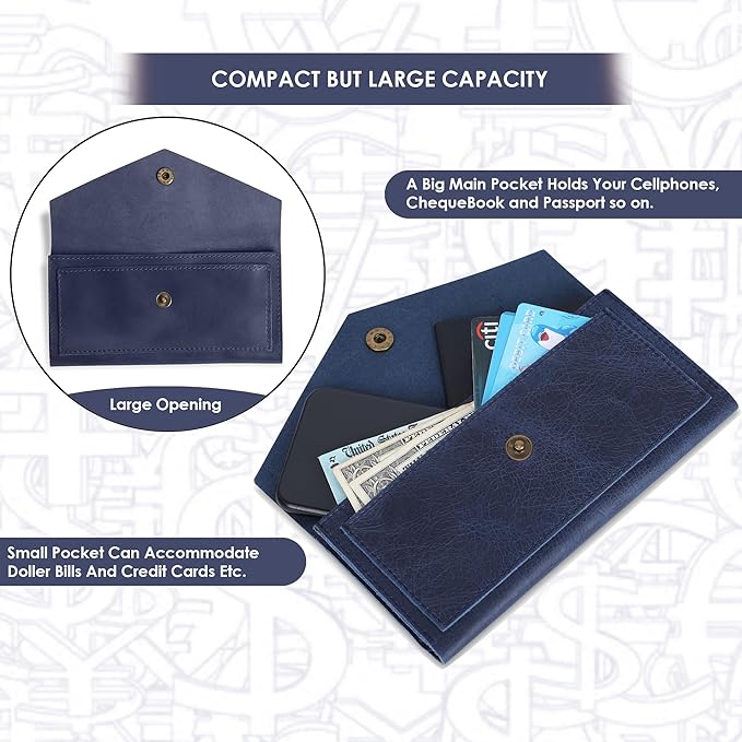 Blue Leather Cash Envelopes for Money Pouch Currency Holders - Soft Leather Money Bag Mobile Holder for Travel - Genuine Leathers Wallets for Women Money Bag - Travel Money Pouch Cash Holder