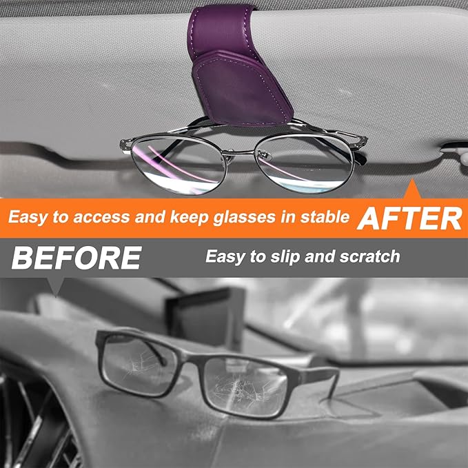 Hoffi Black Sunglasses Holder for car Visor, 2 Packs Magnetic Leather Sunglasses Clip for car Visor, car Accessories for Women and Men Interior, Visor Sunglasses Holder Clip（Black+Purple）