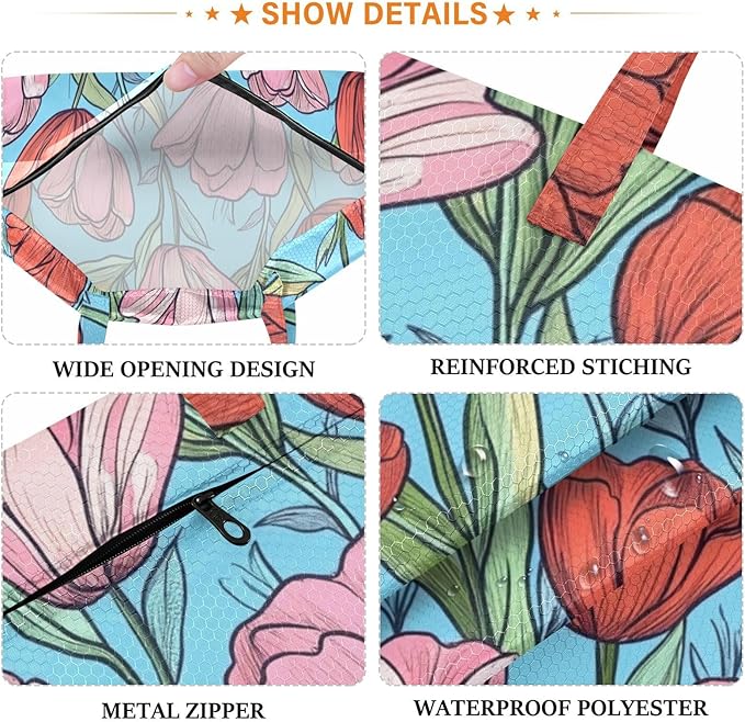 Travel Laundry Bags 2 PC Wet Dry Bag with Handle Dirty Clothes Organizer for Swimsuits Beach Camping Waterproof Washable Pink Tulips Flowers Blue