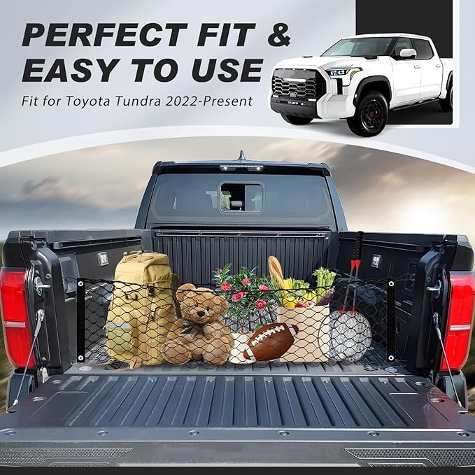 Truck Bed Cargo Net for Toyota Tundra 2022-2025 2026 Accessories, Karltys Envelope Style Pickup Truck Cargo Net for Tundra, Heavy Duty Nylon Mesh Storage Trunk Netting Organizer