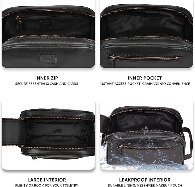 LEATHER VILLAGE Genuine Leather Toiletry Travel Bag With Waterproof Lining - Black | King-Size Handcrafted Vintage Dopp Kit Bag, Shaving & Bathroom Organizer, Gift for Men & Women
