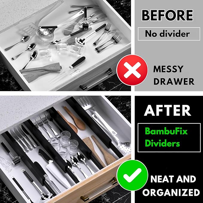 6 Pack Drawer Divider - 2.6" High, 11" to 18" Adjustable Bamboo Drawer Organizers for Clothes, Expandable Dresser Separators in Bedroom/Bathroom/Kitchen/Office Organization and Storage (Black)