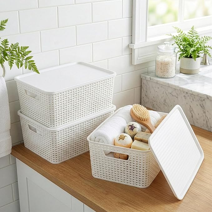 BINO | Plastic Storage Baskets with Lids, 15.5 Liter - 3 Pack, White | THE WOVEN COLLECTION | Storage Basket for Shelves Woven Storage Baskets for Organizing Bins Pantry Shelf Organizer Container Bin