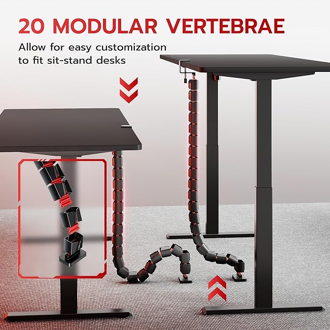 ARES WING Under Desk Cable Management Spine, Clamp On Vertebrae Cable Management for Standing Desk, Length Adjustable Cord Organizer with 20 Modular Vertebrae for Office and Gaming Desks, Red