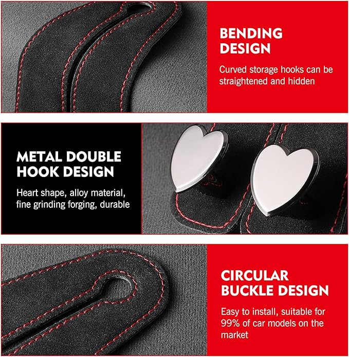 2 PCS Car Seat Hooks, Suede Heart-Shaped Double Hooks Headrest Organizer, Heavy-Duty Multi-Functional Auto Back Seat Phone Holder, Universal for Most Cars (Black)