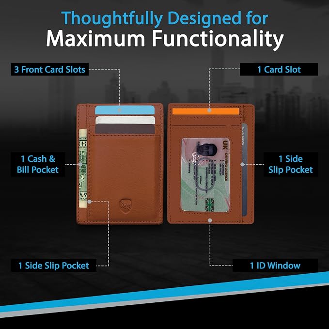 ALLEN & MATE 100% Genuine Leather Slim Minimalist wallet RFID Blocking Card Holder Wallets for Men & Women - Holds 7 Cards, ID & Cash with Gift Box (Tan)