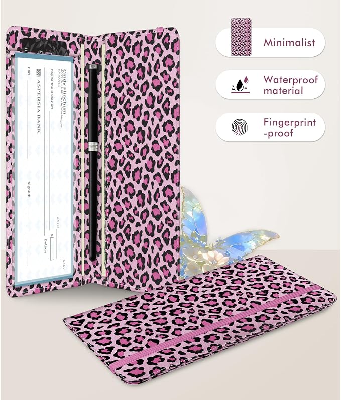 Checkbook Cover for Men Women, Premium Leather Checkbook Holder with RFID Blocking and Built in Clear Plastic Divider for Personal and Business Checks (Leopard-Pink)