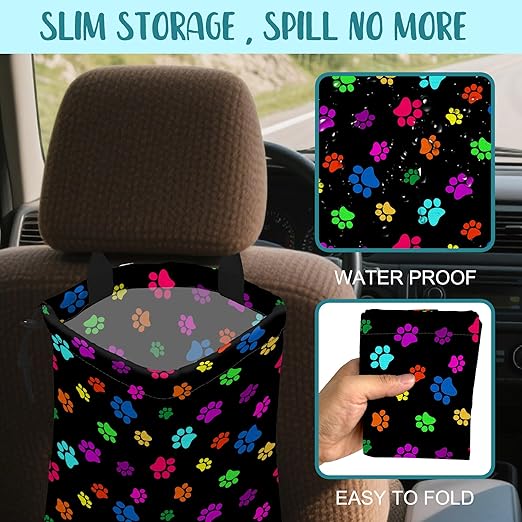 Car Garbage Bag Colorful Paw Prints Hanging Canvas Car Trash Bag Waterproof Drawstring Car Back Seat Organizer for Car Back Front Seat Console with Adjustable Buckle