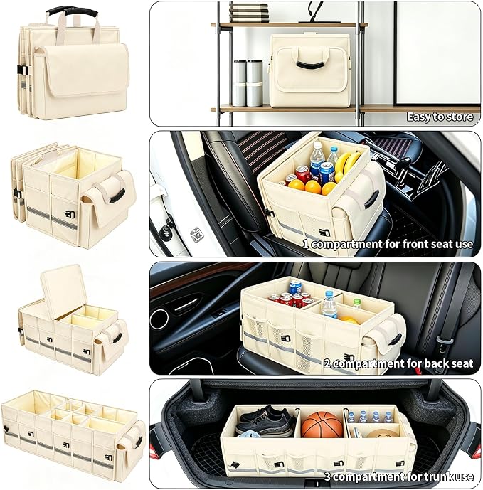 GDNasist Car Trunk Organizer and Storage with Lid & Removable Cooler Bag, Car Accessories 6 Removable Dividers for Custom Space, Collapsible Trunk Organizers Interior for SUV & Sedan, Large