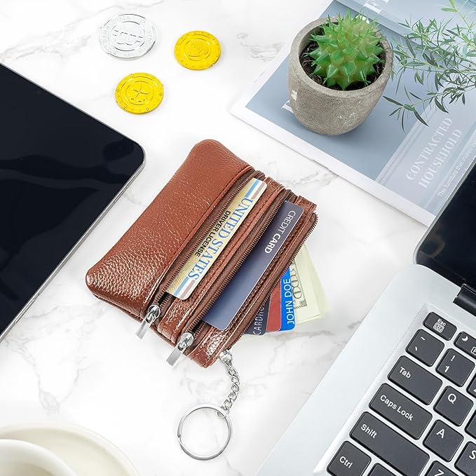 Chelmon 2 Pack Coin Purse Pouch Change Card Holder Wallet with Keychain for Women and Men (Brown & Brown)
