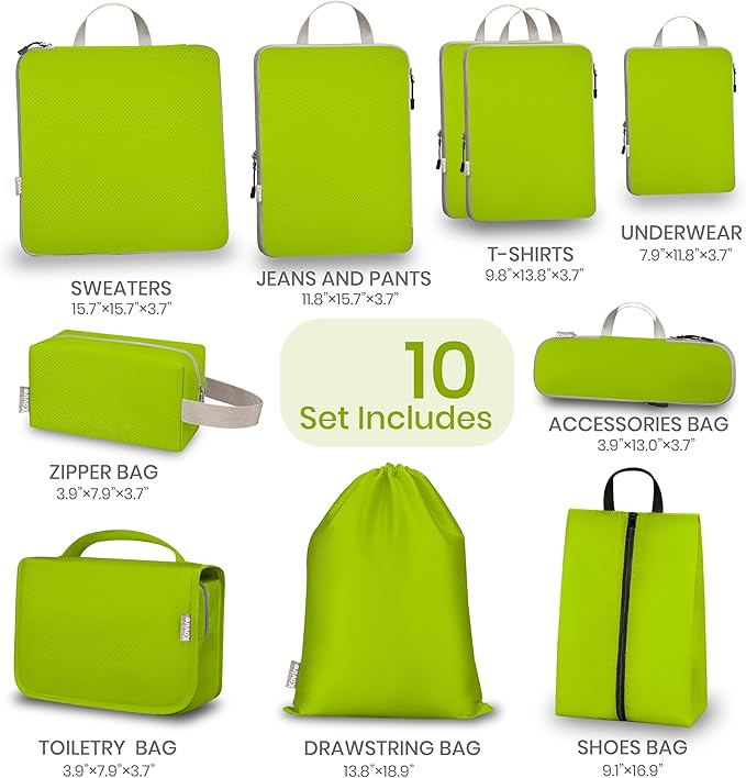 Compression Packing Cubes for Travel, Set of 10 Expandable Luggage Organizers with Shoe Bag, Lightweight Water-Resistant Suitcase Essentials for Carry-on & Checked Luggage, Green